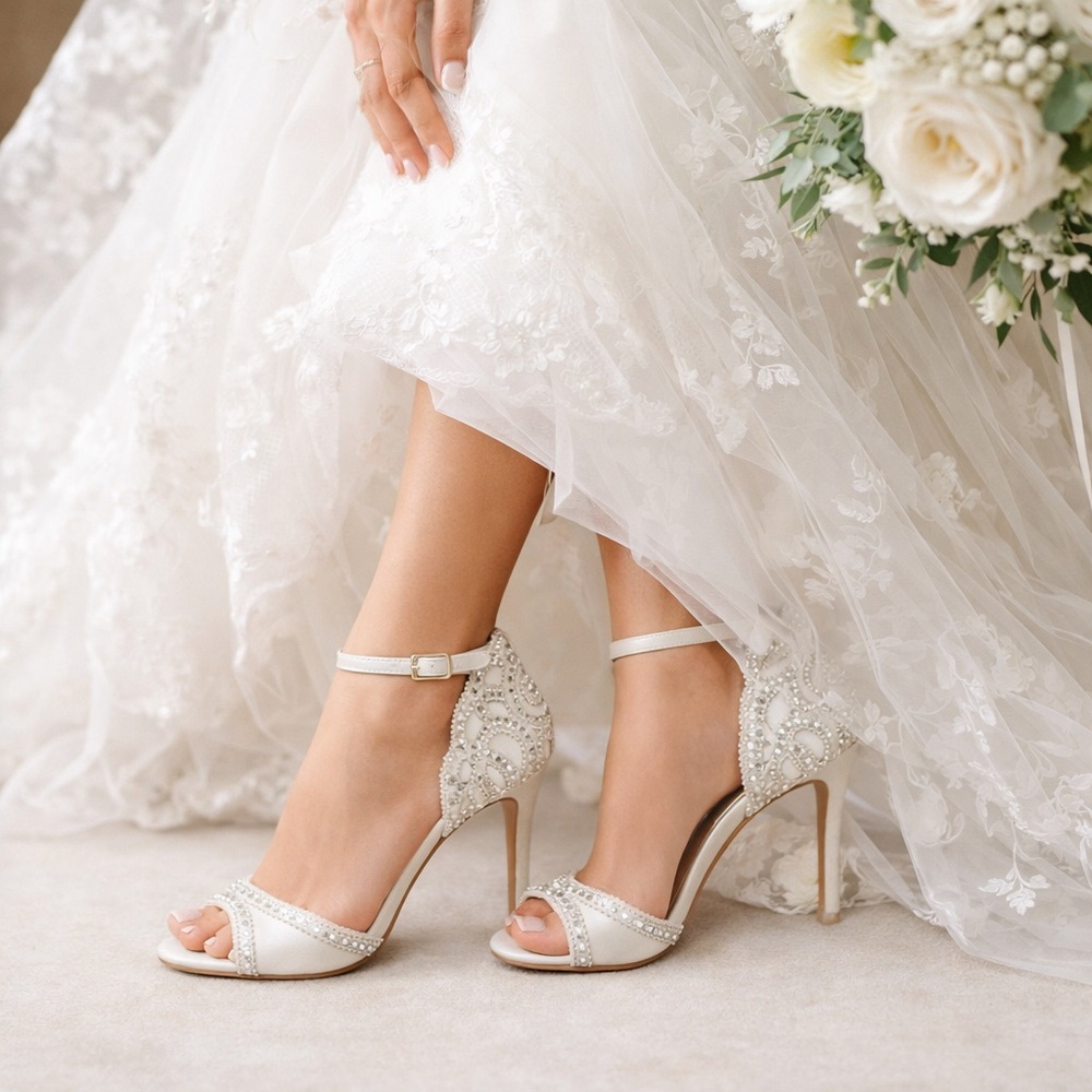 Badgley‎ Mischka Roxy Ankle Strap Ivory Embellished Satin Heels Bridal Sandal